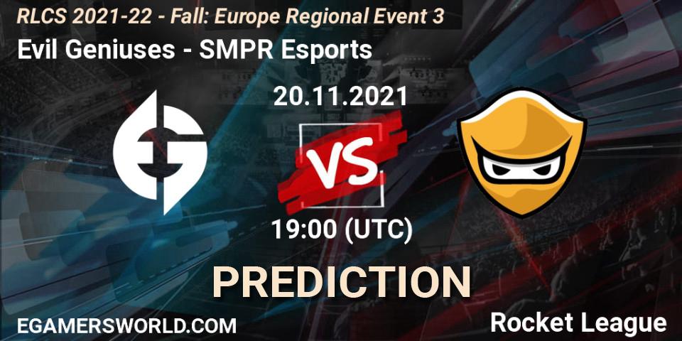 Pronósticos Evil Geniuses - SMPR Esports. 20.11.2021 at 19:00. RLCS 2021-22 - Fall: Europe Regional Event 3 - Rocket League