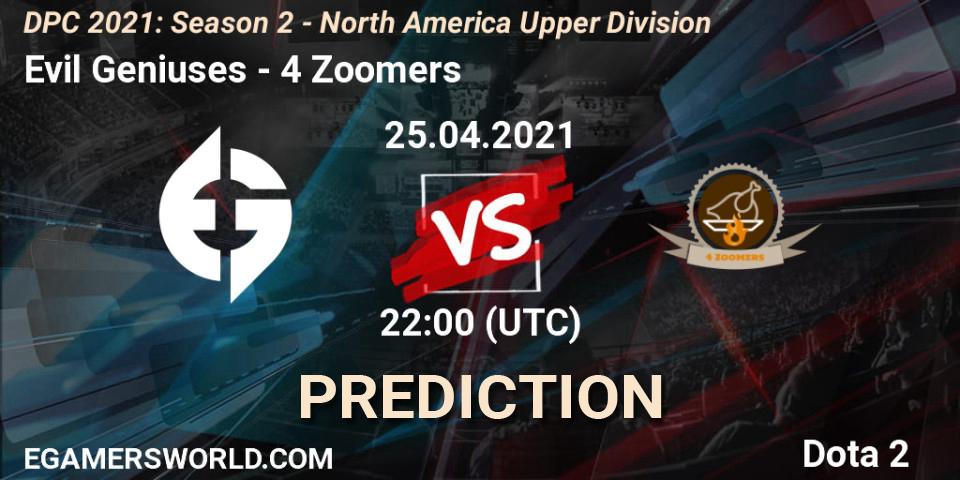 Pronósticos Evil Geniuses - 4 Zoomers. 25.04.2021 at 22:04. DPC 2021: Season 2 - North America Upper Division - Dota 2