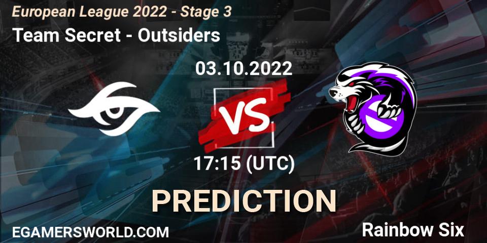 Pronósticos Team Secret - Outsiders. 03.10.2022 at 17:15. European League 2022 - Stage 3 - Rainbow Six