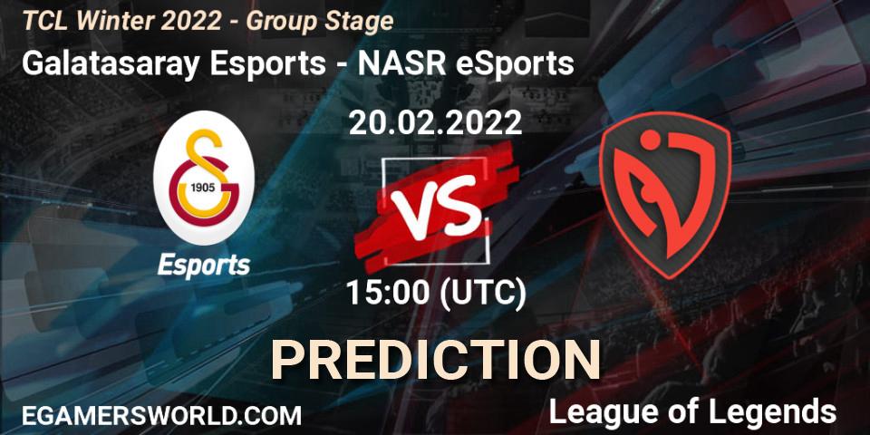 Pronósticos Galatasaray Esports - NASR eSports. 20.02.2022 at 15:00. TCL Winter 2022 - Group Stage - LoL
