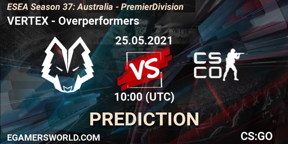 Pronósticos VERTEX - Overperformers. 25.05.2021 at 10:00. ESEA Season 37: Australia - Premier Division - Counter-Strike (CS2)