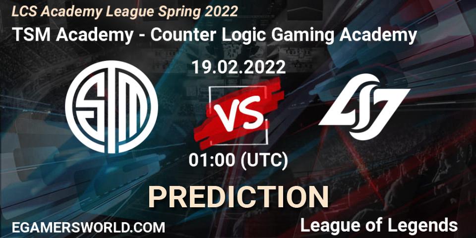 Pronósticos TSM Academy - Counter Logic Gaming Academy. 19.02.2022 at 00:55. LCS Academy League Spring 2022 - LoL