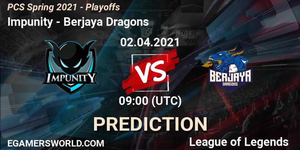 Pronósticos Impunity - Berjaya Dragons. 02.04.2021 at 09:00. PCS Spring 2021 - Playoffs - LoL