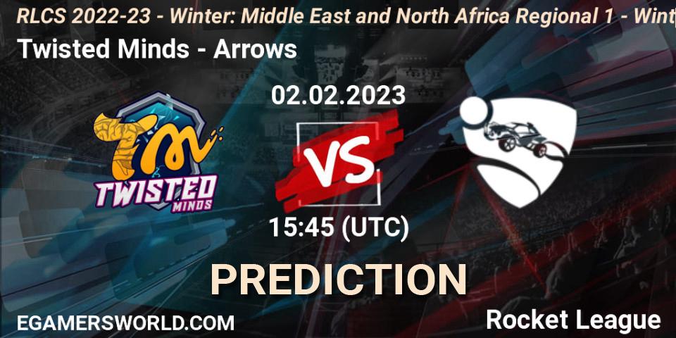 Pronósticos Twisted Minds - Arrows. 02.02.2023 at 15:45. RLCS 2022-23 - Winter: Middle East and North Africa Regional 1 - Winter Open - Rocket League