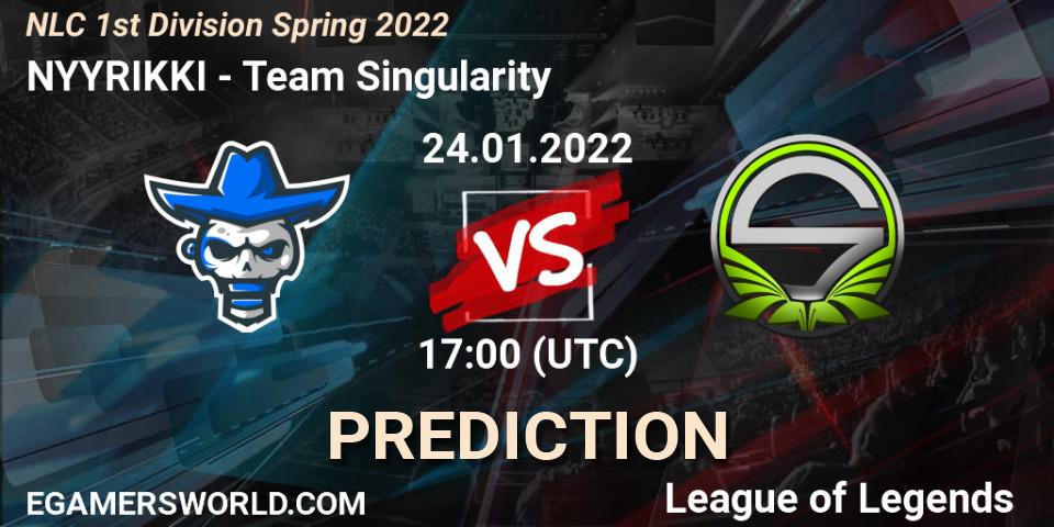 Pronósticos NYYRIKKI - Team Singularity. 24.01.2022 at 17:00. NLC 1st Division Spring 2022 - LoL