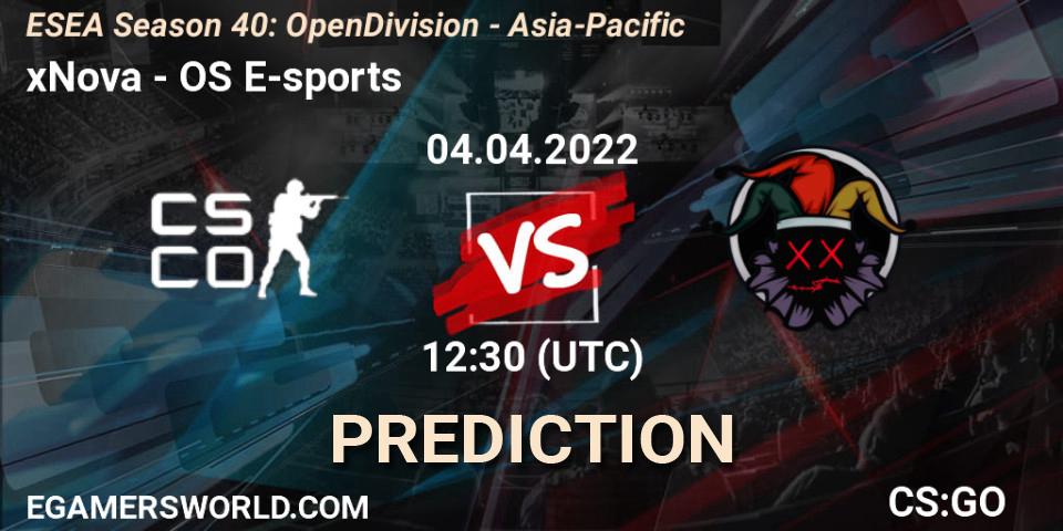Pronósticos xNova - OS E-sports. 04.04.2022 at 12:30. ESEA Season 40: Open Division - Asia-Pacific - Counter-Strike (CS2)
