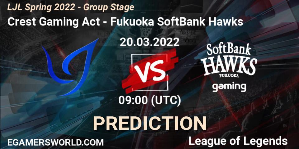 Pronósticos Crest Gaming Act - Fukuoka SoftBank Hawks. 20.03.2022 at 09:00. LJL Spring 2022 - Group Stage - LoL