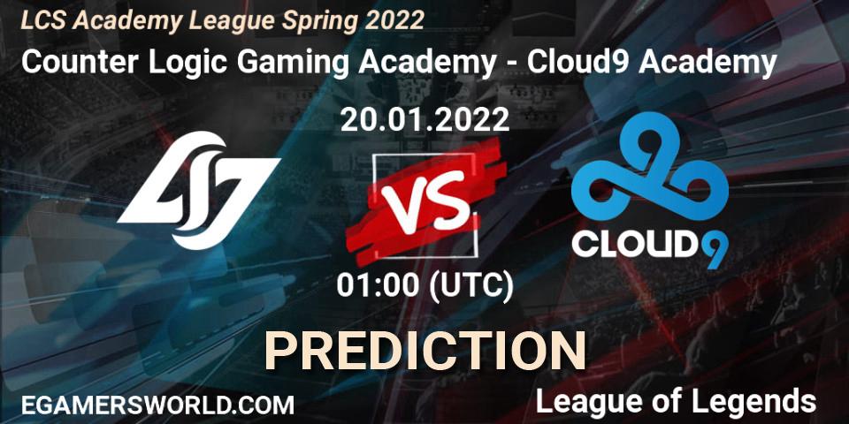 Pronósticos Counter Logic Gaming Academy - Cloud9 Academy. 20.01.2022 at 01:00. LCS Academy League Spring 2022 - LoL