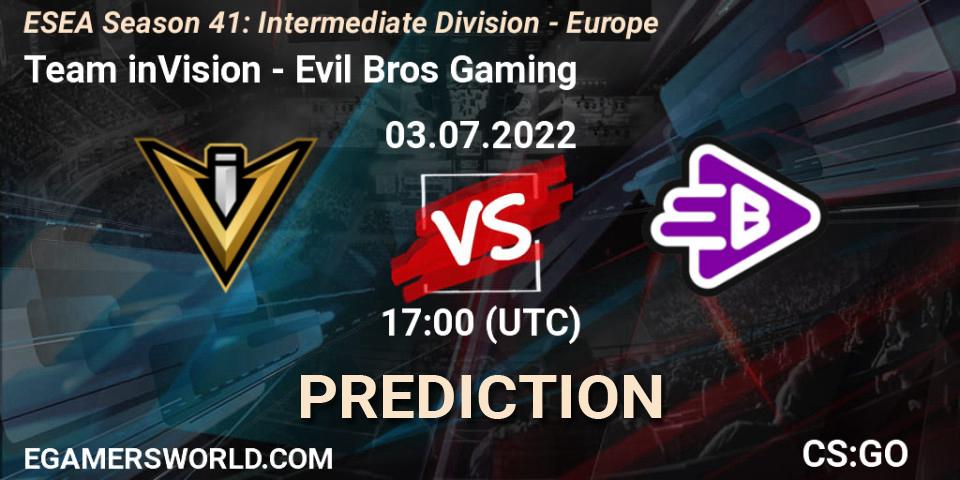 Pronósticos Team inVision - Evil Bros Gaming. 03.07.2022 at 17:00. ESEA Season 41: Intermediate Division - Europe - Counter-Strike (CS2)