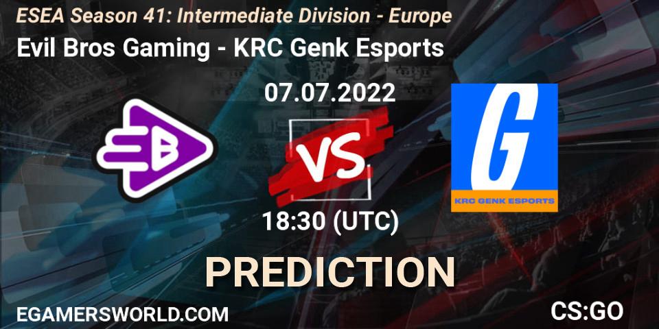Pronósticos Evil Bros Gaming - ex-KRC Genk. 07.07.2022 at 18:30. ESEA Season 41: Intermediate Division - Europe - Counter-Strike (CS2)