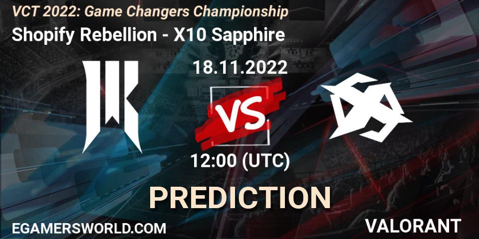 Pronósticos Shopify Rebellion - X10 Sapphire. 18.11.2022 at 12:15. VCT 2022: Game Changers Championship - VALORANT