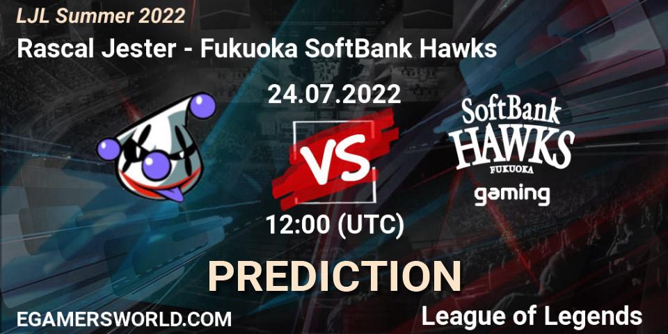Pronósticos Rascal Jester - Fukuoka SoftBank Hawks. 24.07.2022 at 12:00. LJL Summer 2022 - LoL