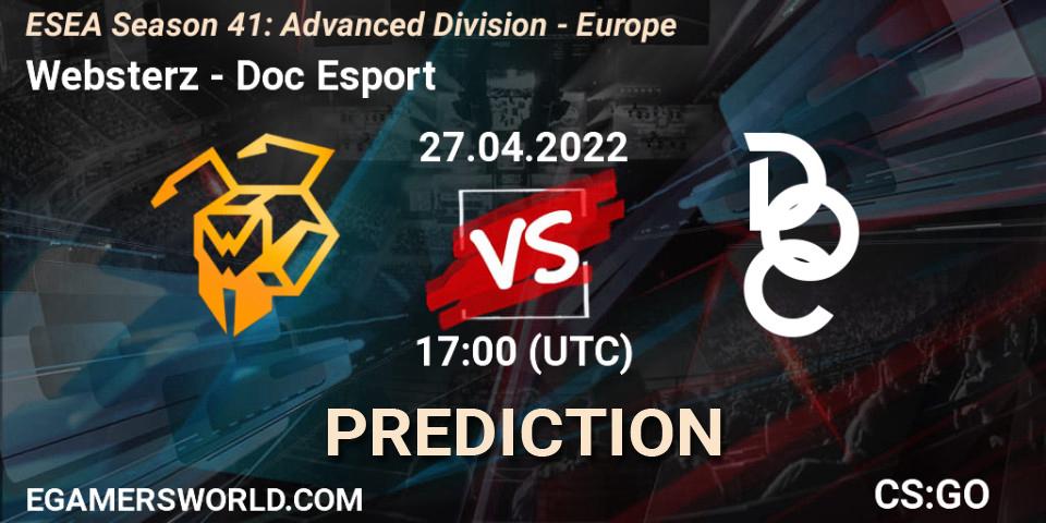 Pronósticos Websterz - Doc Esport. 27.04.2022 at 17:00. ESEA Season 41: Advanced Division - Europe - Counter-Strike (CS2)