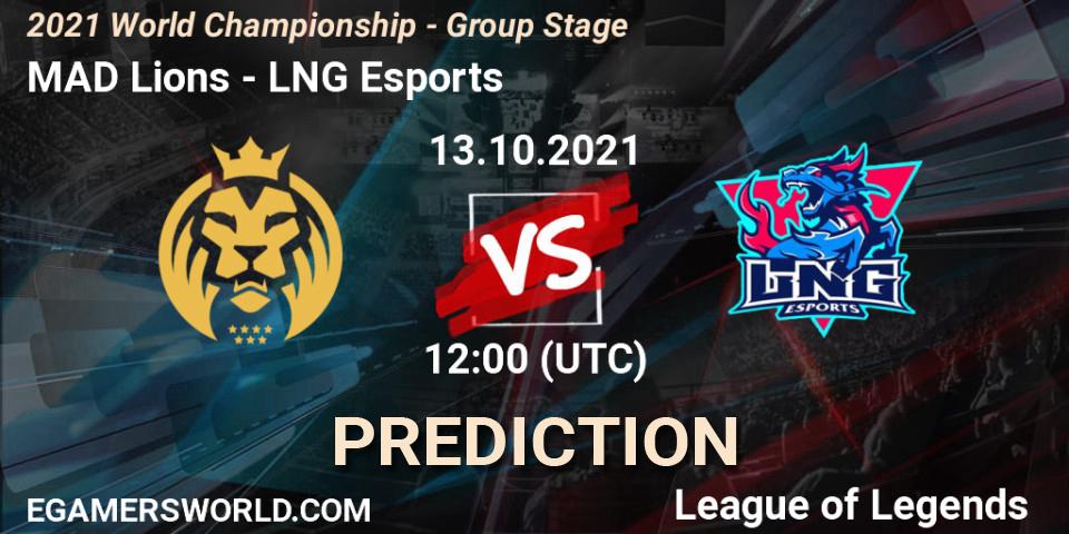 Pronósticos MAD Lions - LNG Esports. 18.10.2021 at 16:10. 2021 World Championship - Group Stage - LoL