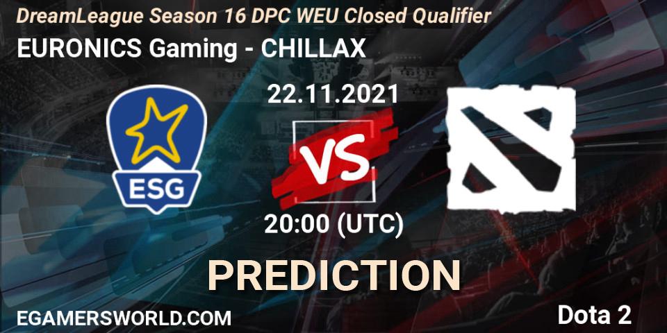 Pronósticos EURONICS Gaming - CHILLAX. 22.11.2021 at 21:05. DPC 2022 Season 1: Euro - Closed Qualifier (DreamLeague Season 16) - Dota 2