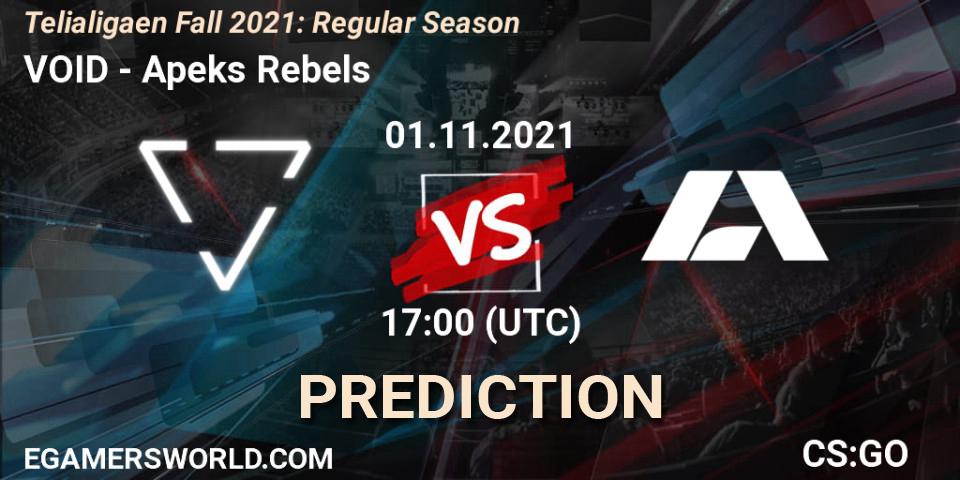 Pronósticos VOID - Apeks Rebels. 01.11.2021 at 17:00. Telialigaen Fall 2021: Regular Season - Counter-Strike (CS2)