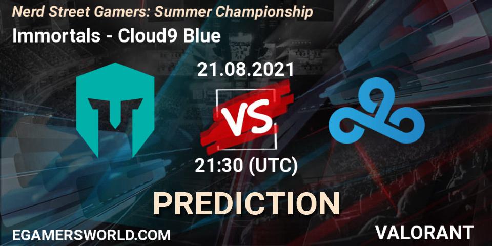 Pronósticos Immortals - Cloud9 Blue. 21.08.2021 at 21:30. Nerd Street Gamers: Summer Championship - VALORANT