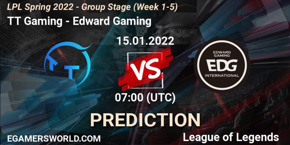 Pronósticos TT Gaming - Edward Gaming. 15.01.2022 at 07:00. LPL Spring 2022 - Group Stage (Week 1-5) - LoL