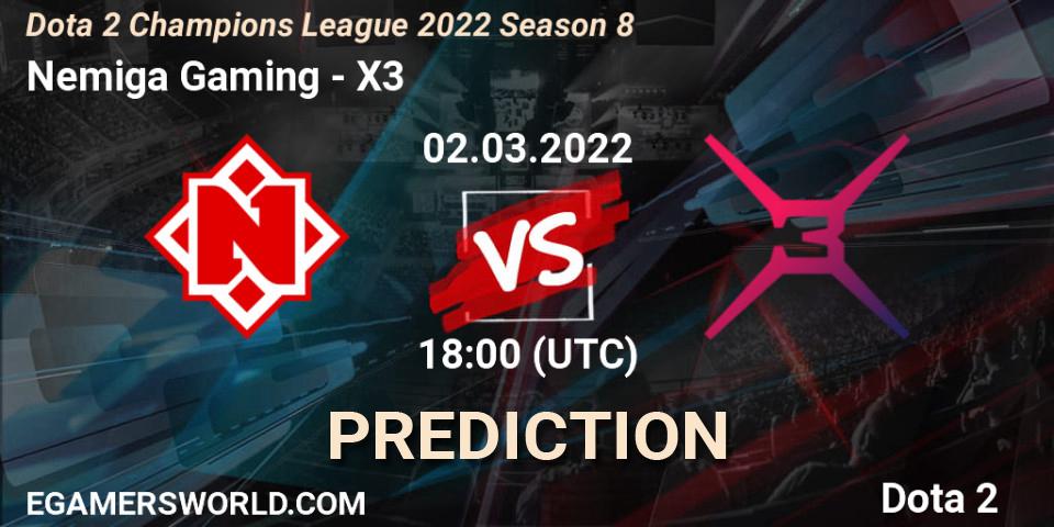 Pronósticos Nemiga Gaming - X3. 22.03.2022 at 18:10. Dota 2 Champions League 2022 Season 8 - Dota 2