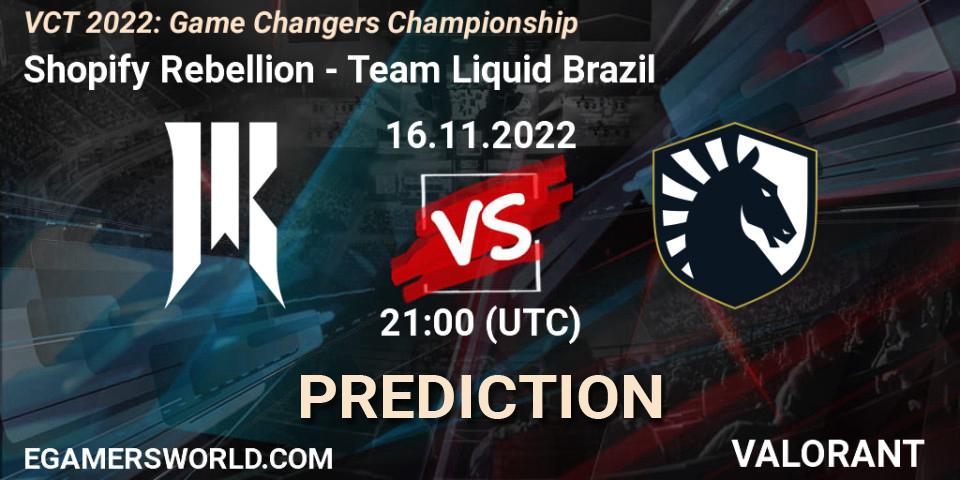 Pronósticos Shopify Rebellion - Team Liquid Brazil. 17.11.2022 at 14:15. VCT 2022: Game Changers Championship - VALORANT