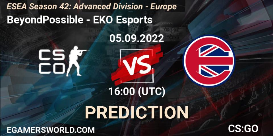 Pronósticos BeyondPossible - EKO Esports. 05.09.2022 at 16:00. ESEA Season 42: Advanced Division - Europe - Counter-Strike (CS2)