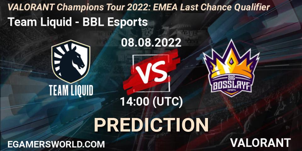 Pronósticos Team Liquid - BBL Esports. 08.08.2022 at 14:00. VCT 2022: EMEA Last Chance Qualifier - VALORANT