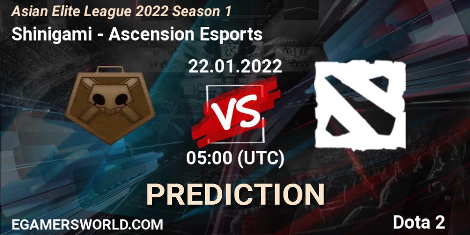 Pronósticos Shinigami - Ascension Esports. 22.01.2022 at 05:00. Asian Elite League 2022 Season 1 - Dota 2