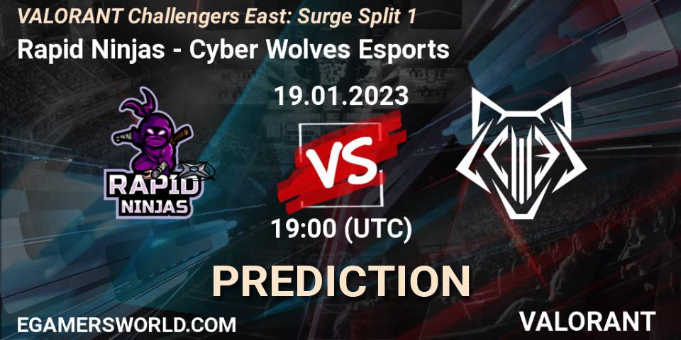 Pronósticos Rapid Ninjas - Cyber Wolves Esports. 19.01.2023 at 20:00. VALORANT Challengers 2023 East: Surge Split 1 - VALORANT