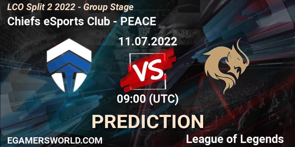 Pronósticos Chiefs eSports Club - PEACE. 11.07.2022 at 09:00. LCO Split 2 2022 - Group Stage - LoL