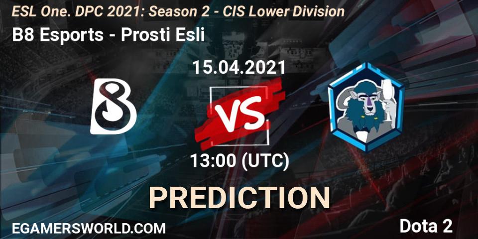 Pronósticos B8 Esports - Prosti Esli. 15.04.2021 at 12:55. ESL One. DPC 2021: Season 2 - CIS Lower Division - Dota 2