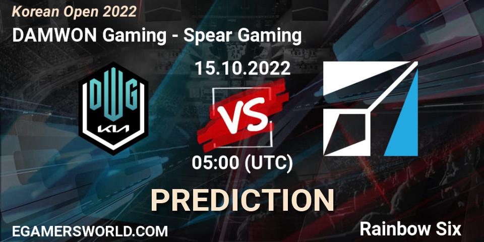 Pronósticos DAMWON Gaming - Spear Gaming. 15.10.2022 at 05:00. Korean Open 2022 - Rainbow Six