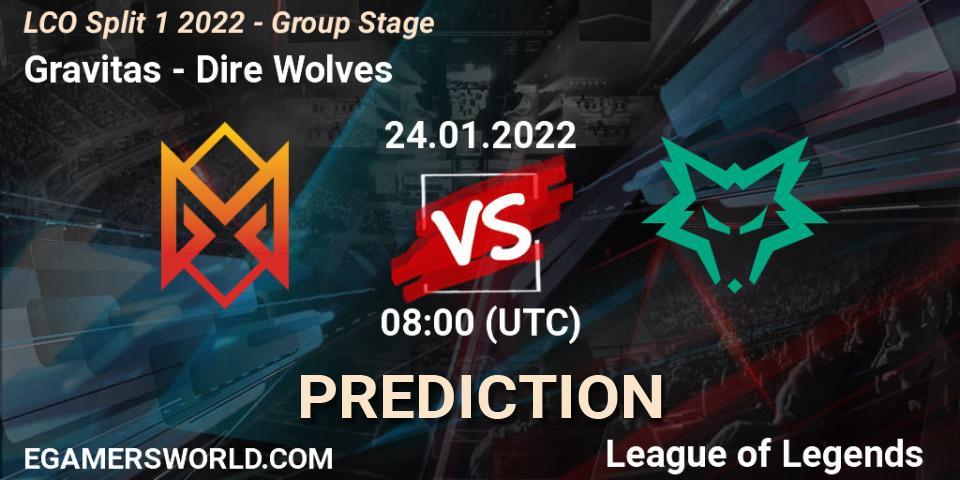 Pronósticos Gravitas - Dire Wolves. 24.01.2022 at 08:00. LCO Split 1 2022 - Group Stage - LoL
