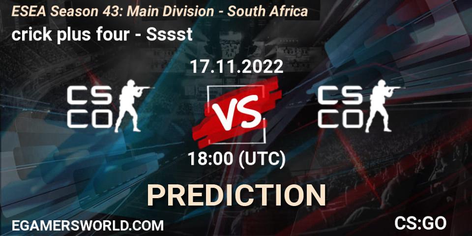 Pronósticos crick plus four - Sssst. 30.11.22. ESEA Season 43: Main Division - South Africa - CS2 (CS:GO)