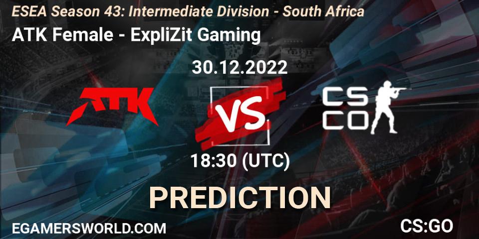 Pronósticos ATK Female - ExpliZit Gaming. 29.12.2022 at 18:30. ESEA Season 43: Intermediate Division - South Africa - Counter-Strike (CS2)