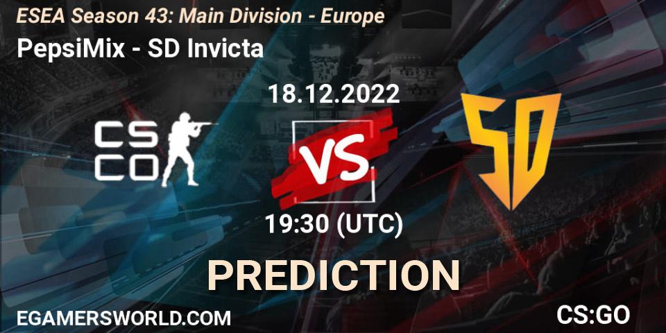 Pronósticos PepsiMix - SD Invicta. 19.12.2022 at 18:00. ESEA Season 43: Main Division - Europe - Counter-Strike (CS2)