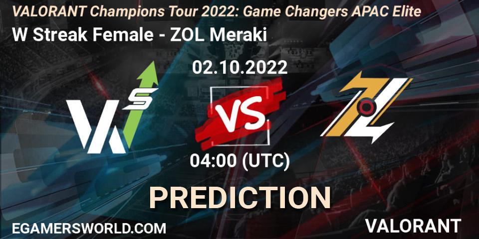 Pronósticos W Streak Female - ZOL Meraki. 02.10.2022 at 04:00. VCT 2022: Game Changers APAC Elite - VALORANT