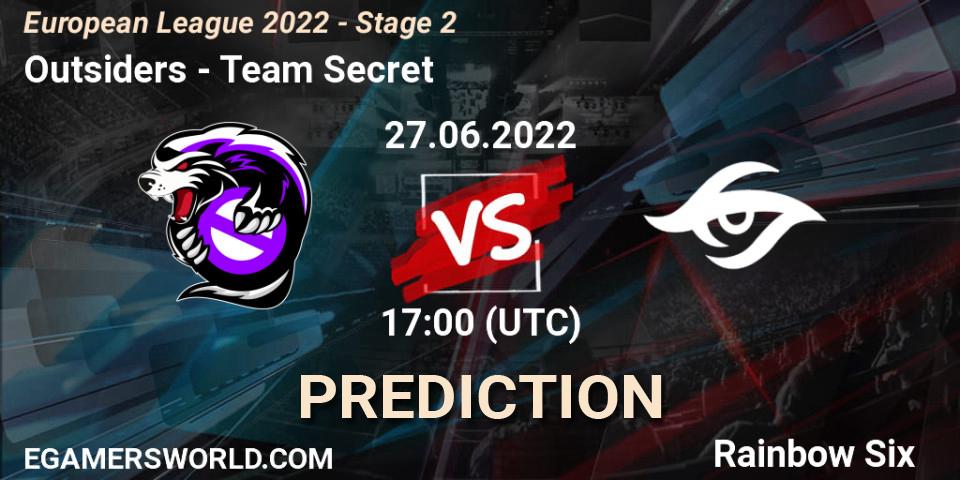 Pronósticos Outsiders - Team Secret. 27.06.2022 at 16:00. European League 2022 - Stage 2 - Rainbow Six