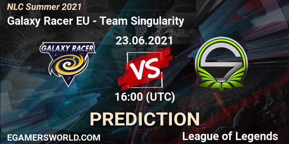 Pronósticos Galaxy Racer EU - Team Singularity. 23.06.2021 at 16:00. NLC Summer 2021 - LoL