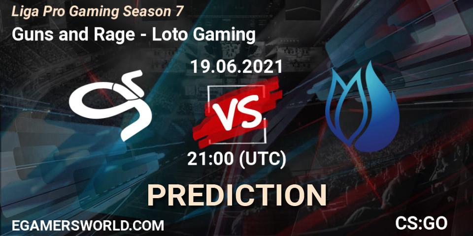 Pronósticos Guns and Rage - Loto. 19.06.2021 at 21:00. Liga Pro Gaming Season 7 - Counter-Strike (CS2)