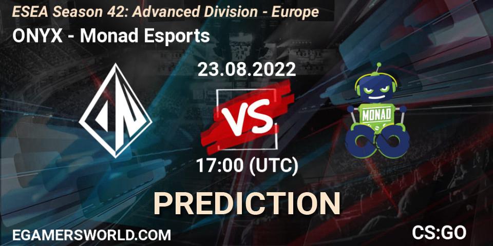 Pronósticos ONYX - Monad Esports. 30.08.2022 at 16:00. ESEA Season 42: Advanced Division - Europe - Counter-Strike (CS2)