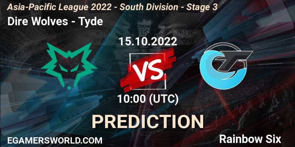 Pronósticos Dire Wolves - Tyde. 15.10.2022 at 10:00. Asia-Pacific League 2022 - South Division - Stage 3 - Rainbow Six