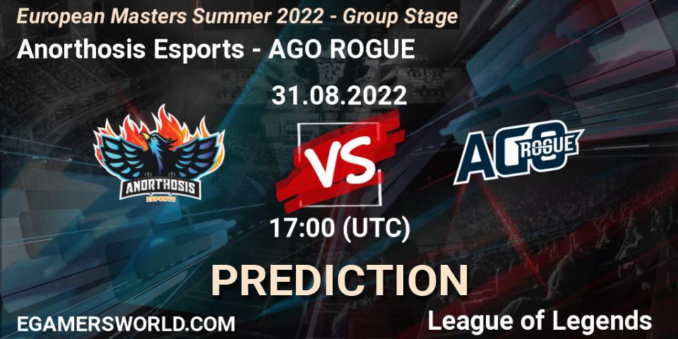 Pronósticos Anorthosis Esports - AGO ROGUE. 31.08.2022 at 17:00. European Masters Summer 2022 - Group Stage - LoL