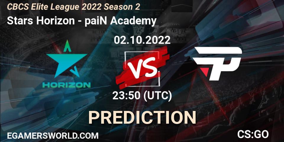 Pronósticos Stars Horizon - paiN Academy. 02.10.2022 at 23:50. CBCS Elite League 2022 Season 2 - Counter-Strike (CS2)