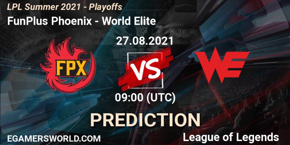 Pronósticos FunPlus Phoenix - World Elite. 27.08.2021 at 09:00. LPL Summer 2021 - Playoffs - LoL