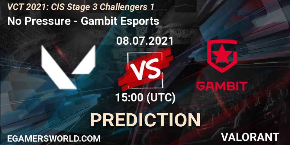 Pronósticos No Pressure - Gambit Esports. 08.07.2021 at 15:00. VCT 2021: CIS Stage 3 Challengers 1 - VALORANT