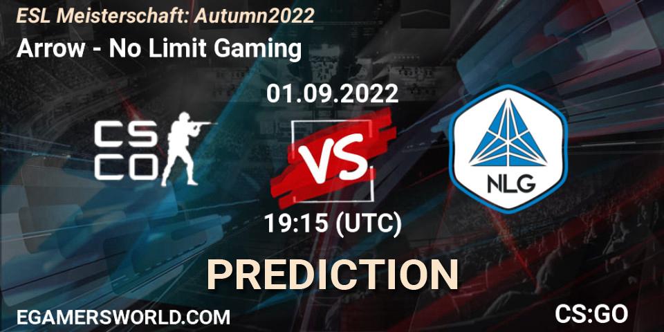 Pronósticos Arrow - No Limit Gaming. 01.09.2022 at 19:15. ESL Meisterschaft: Autumn 2022 - Counter-Strike (CS2)