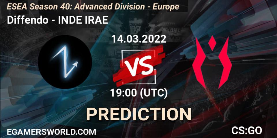Pronósticos Diffendo - INDE IRAE. 14.03.2022 at 19:00. ESEA Season 40: Advanced Division - Europe - Counter-Strike (CS2)