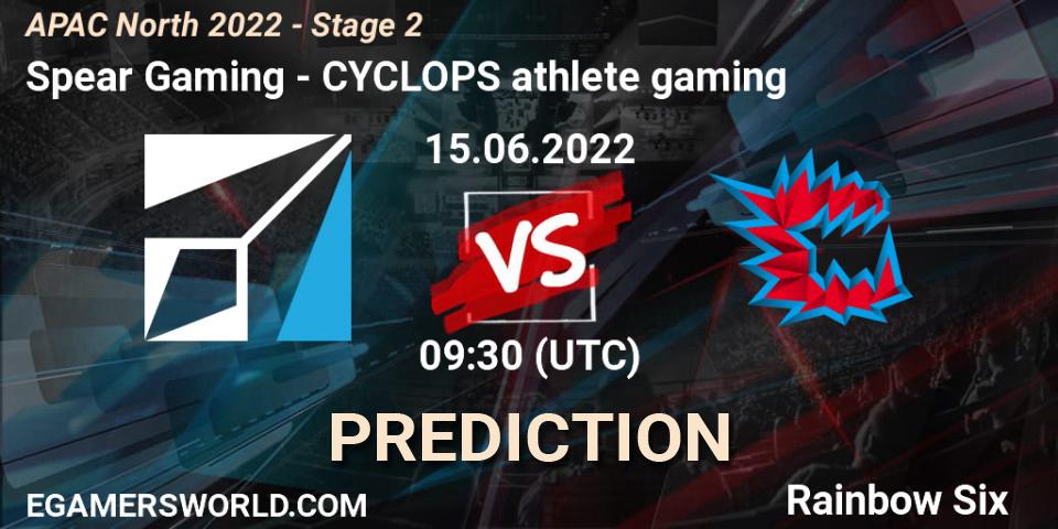 Pronósticos Spear Gaming - CYCLOPS athlete gaming. 15.06.2022 at 09:30. APAC North 2022 - Stage 2 - Rainbow Six