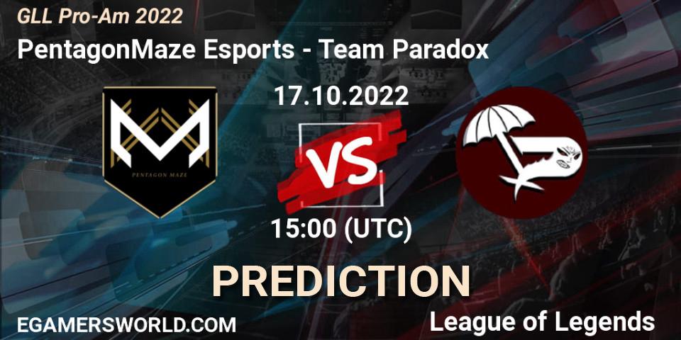 Pronósticos PentagonMaze Esports - Team Paradox. 17.10.2022 at 18:30. GLL Pro-Am 2022 - LoL