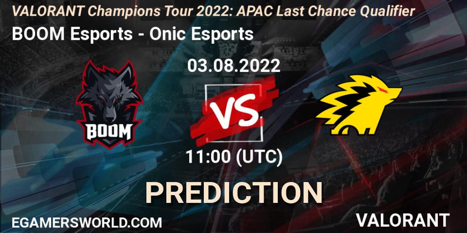 Pronósticos BOOM Esports - Onic Esports. 03.08.2022 at 11:15. VCT 2022: APAC Last Chance Qualifier - VALORANT